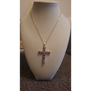 18K Gold Plated Cross Pendant Necklace With Colorful CZ Stones. NEW.